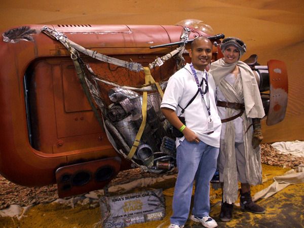 Posing with a fan-made version of the landspeeder used by Rey (Daisy Ridley) in THE FORCE AWAKENS... at the Star Wars Celebration on April 16, 2015.