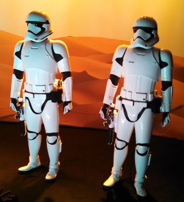 Two Stormtrooper suits on display inside THE FORCE AWAKENS exhibit at the Star Wars Celebration in Anaheim, California...on April 17, 2015.