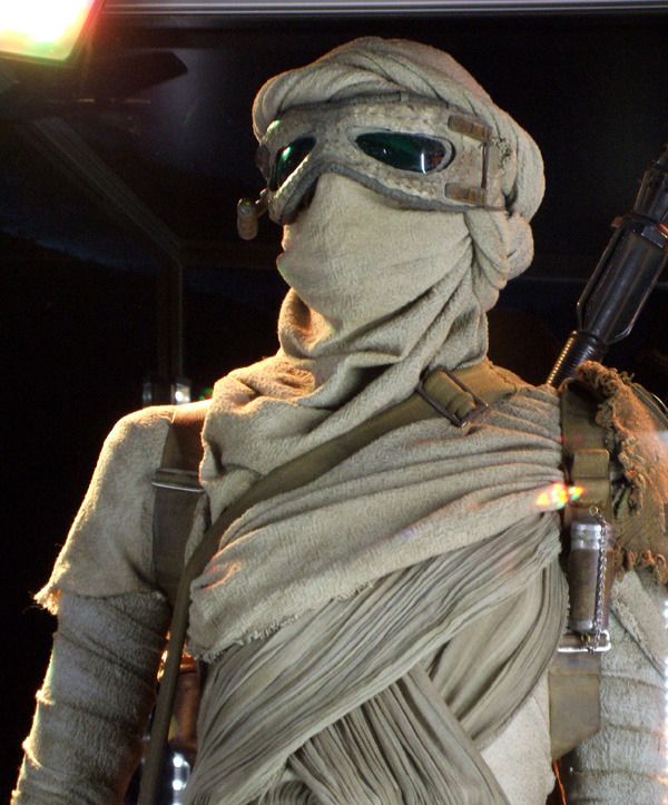 The desert attire worn by Rey on display inside THE FORCE AWAKENS exhibit at the Star Wars Celebration in Anaheim, California...on April 17, 2015.
