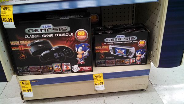 A classic Sega Genesis console (which comes with the game SONIC THE HEDGEHOG) on sale at my local Walgreens store...on November 15, 2015.