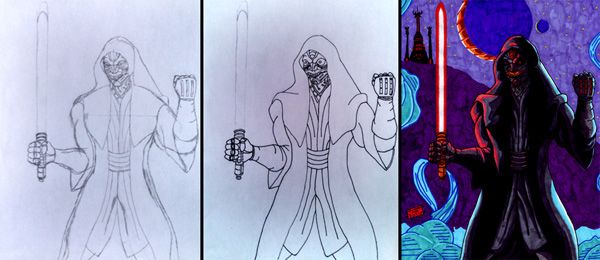 My drawing, plus work-in-progress photos of it, of the Sith Inquisitor...who may or may not be in STAR WARS: EPISODE VII.
