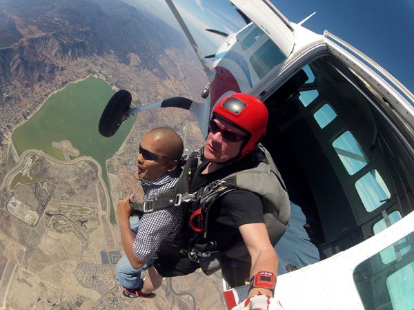 Jumping out of an aircraft to do another tandem skydive...this time above Lake Elsinore, CA, on October 4, 2014.