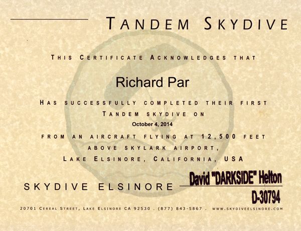 The certificate for my Skydive Elsinore jump.