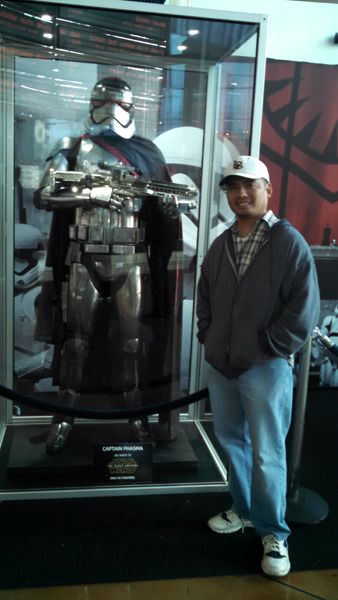 Posing with the Captain Phasma suit worn by Gwendoline Christie in STAR WARS: THE FORCE AWAKENS...at ArcLight Cinemas in Hollywood.