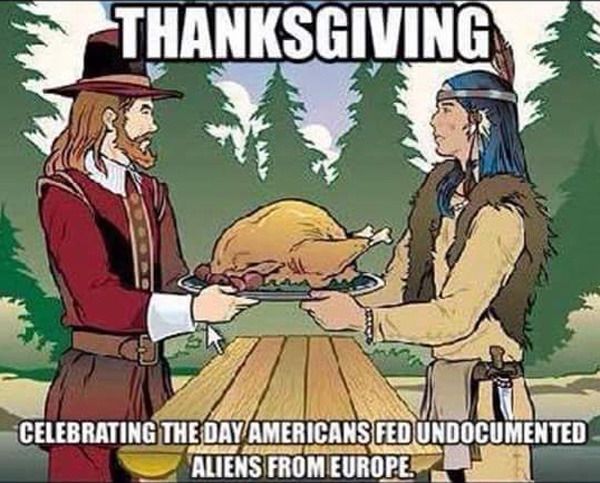 Artwork depicting England's version of Syrian refugees celebrating Thanksgiving with actual Americans.