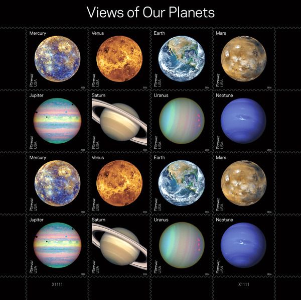 New U.S. Postal Service stamps featuring the eight official planets of our solar system.