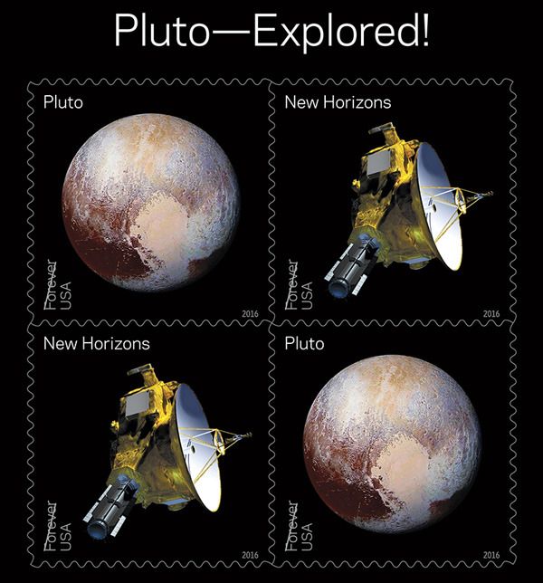 New U.S. Postal Service stamps commemorating NASA's New Horizons spacecraft and its flyby of Pluto last July.