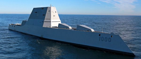 The USS Zumwalt conducts sea trials out in the Atlantic Ocean, on December 7, 2015.