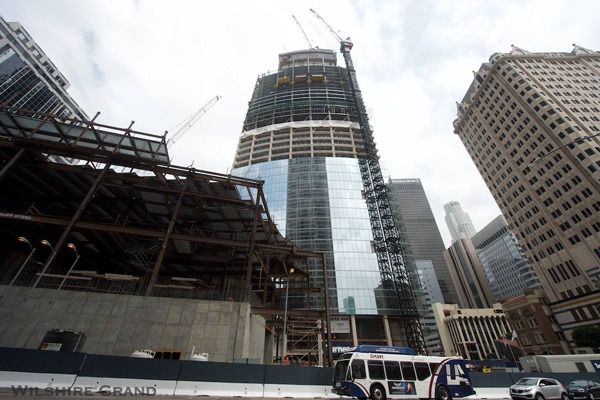 The Wilshire Grand Center's construction status as of August 27, 2015.