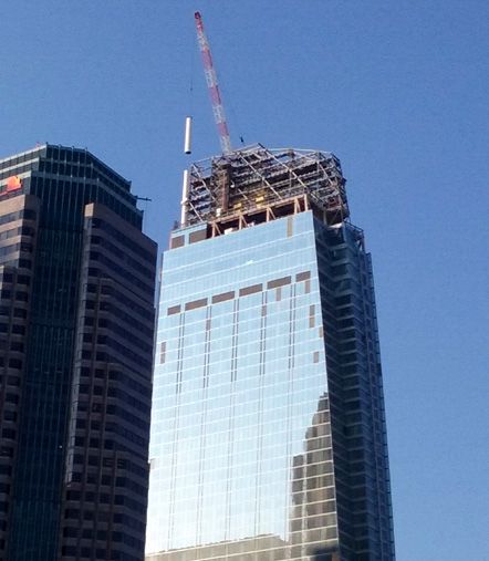 Another spire segment is about to be installed atop the Wilshire Grand Center on August 24, 2016.