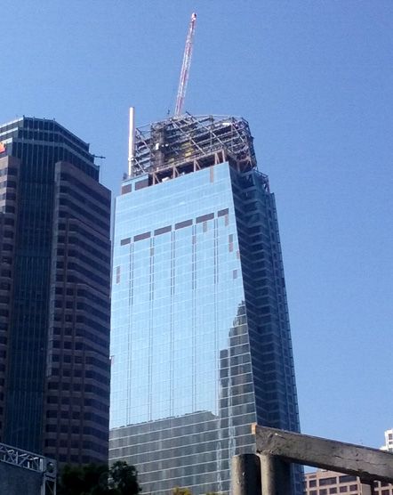 The new spire segment is installed atop the Wilshire Grand Center on August 24, 2016.