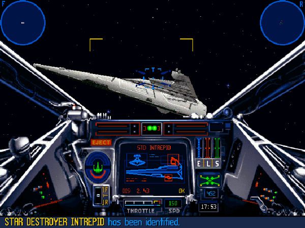 Using an X-Wing fighter to take on an Imperial Star Destroyer in the STAR WARS: X-WING video game.