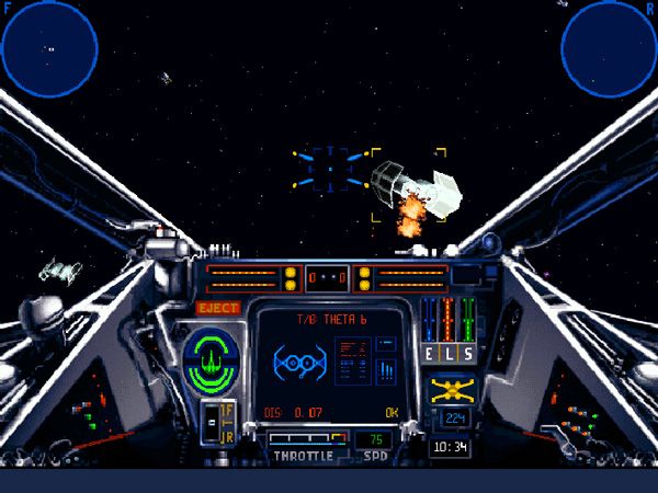 Using an X-Wing fighter to take on a group of TIE Bombers in the STAR WARS: X-WING video game.
