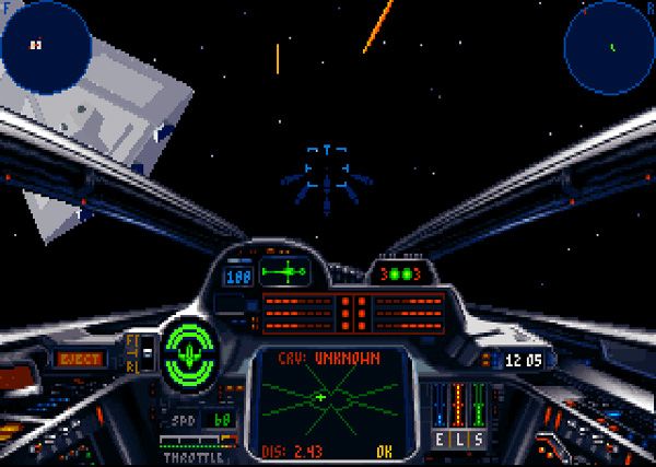 A screenshot I took as I attacked the Star Destroyer Relentless (upper left) during Tour of Duty 5, Mission 18 in the STAR WARS: X-WING video game.