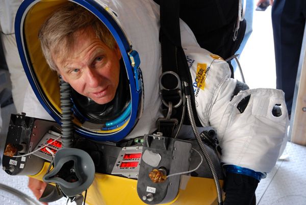 Google executive Alan Eustace gets prepped for his 136,000-foot skydive above Roswell, New Mexico...on October 24, 2014.