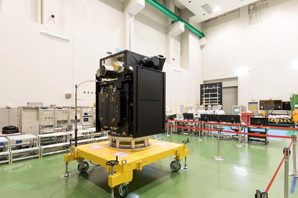 The Arase spacecraft on display to the media several months before its launch on December 20, 2016.