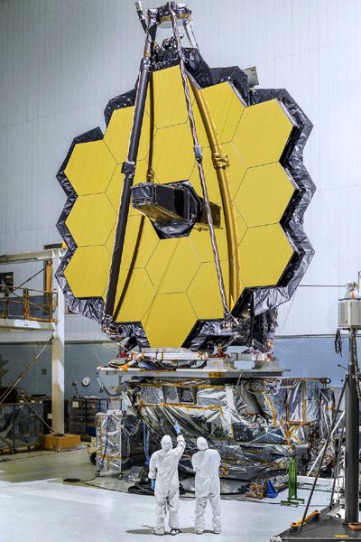 The primary mirror for the James Webb Space Telescope is displayed at NASA's Goddard Space Flight Center in Greenbelt, Maryland.