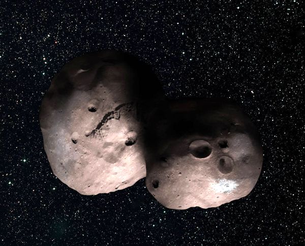 An artist's concept of 2014 MU69, New Horizons' next flyby target in early 2019, as a binary object.