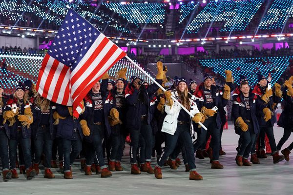 The U.S. delegation marches around the stadium during the opening ceremony of the 2018 Winter Olympic Games in PyeongChang, South Korea...on February 9, 2018.
