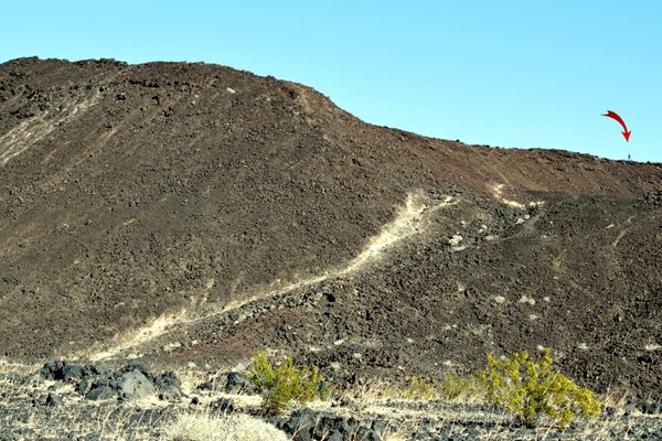 I didn't make the climb up Amboy Crater's volcanic rim, but another person did (hence the red arrow).