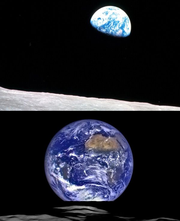 An improvement in deep-space communications has allowed better-quality images to be relayed to Earth. 'Earthrise' as seen from Apollo 8 (top photo) in 1968 and the Lunar Reconnaissance Orbiter (bottom photo) in 2015. An improvement in deep-space communications has allowed better-quality images to be relayed to Earth. 'Earthrise' as seen from Apollo 8 (top photo) in 1968 and the Lunar Reconnaissance Orbiter (bottom photo) in 2015.