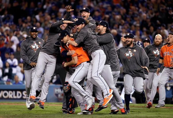 The Houston Astros celebrate after defeating the Los Angeles Dodgers, 5-1, in Game 7 of the World Series...on November 1, 2017.