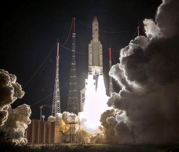 A European Ariane 5 rocket carrying the Mercury-bound BepiColombo spacecraft launches from Guiana Space Centre in Kourou, French Guiana...on October 19, 2018 (Pacific Time).