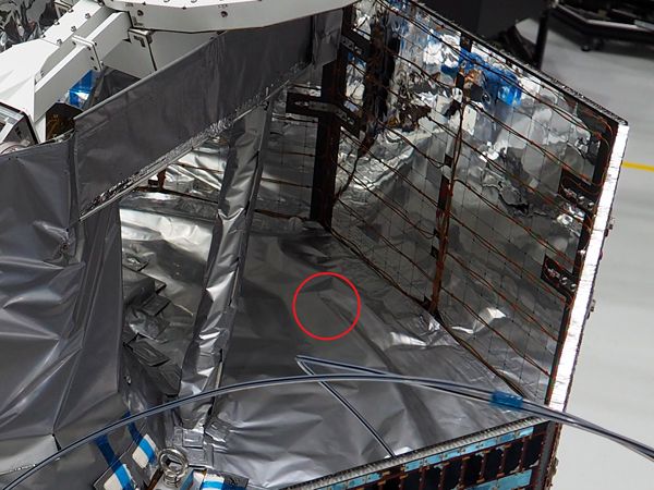 A red circle denotes the location of the memory card after it is covered by thermal insulation on JAXA's MIO satellite that is now headed to Mercury.