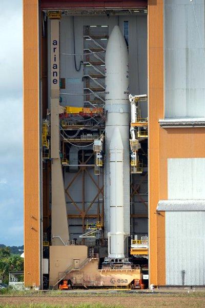 The Ariane 5 rocket carrying Europe and Japan's BepiColombo spacecraft is ready to roll out to its launch pad at Guiana Space Centre in Kourou, French Guiana...on October 18, 2018.