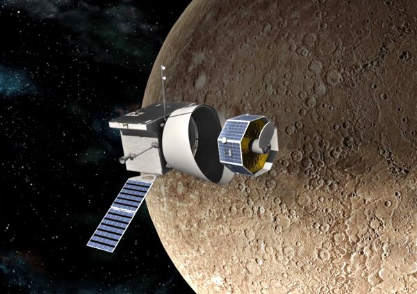 An artist's concept of Europe's Mercury Planetary Orbiter and Japan's MIO spacecraft (the smaller probe at right) that comprise the BepiColombo mission to Mercury.