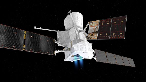 An artist's concept of the BepiColombo spacecraft firing two of its four ion engines in space.