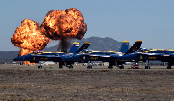 Explosions rock the field behind the Blue Angels at Marine Corps Air Station (MCAS) Miramar in San Diego County, California...on September 29, 2018.