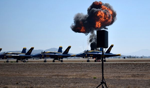 Explosions rock the field behind the Blue Angels at MCAS Miramar in San Diego County, California...on September 29, 2018.