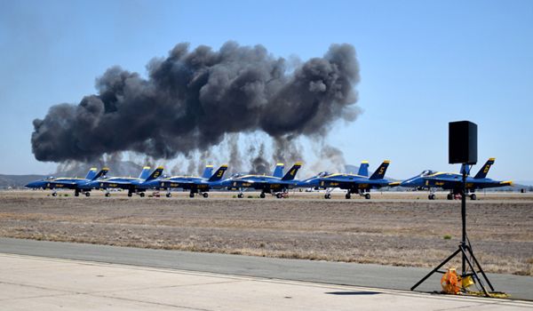 A huge cloud of smoke rises into the air behind the Blue Angels at MCAS Miramar in San Diego County, California...on September 29, 2018.