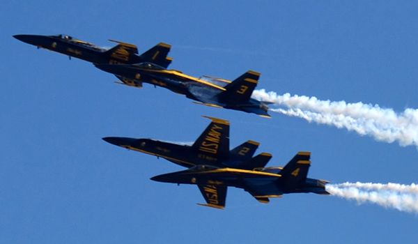 The Blue Angels perform an acrobatic maneuver during the Miramar Air Show in San Diego County, California...on September 29, 2018.