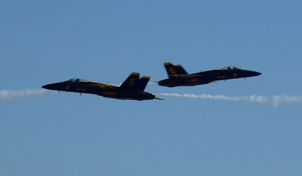 Two Blue Angels perform an acrobatic maneuver during the Miramar Air Show in San Diego County, California...on September 29, 2018.