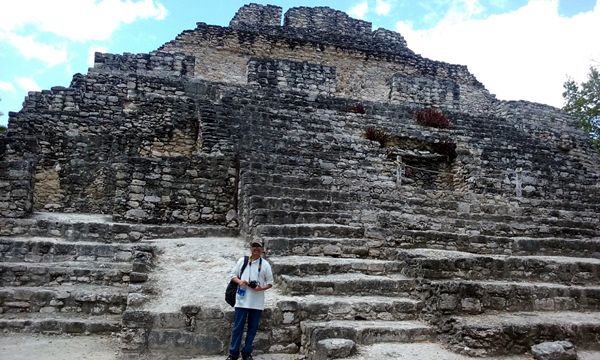 Posing with an ancient Mayan temple in Chacchoben, Mexico...on March 21, 2018.