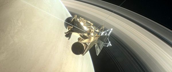 An artist's concept of NASA's Cassini spacecraft approaching the inner gap between Saturn and its rings...as Cassini concludes the 'Grand Finale' of its 13-year-long mission at the ringed planet.
