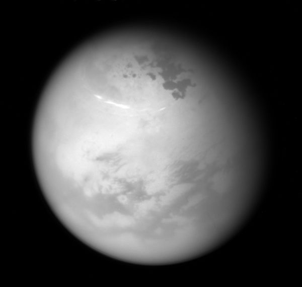 An image of Titan's northern hemisphere...as seen by NASA's Cassini spacecraft from 315,000 miles (507,000 kilometers) away, on June 9, 2017.