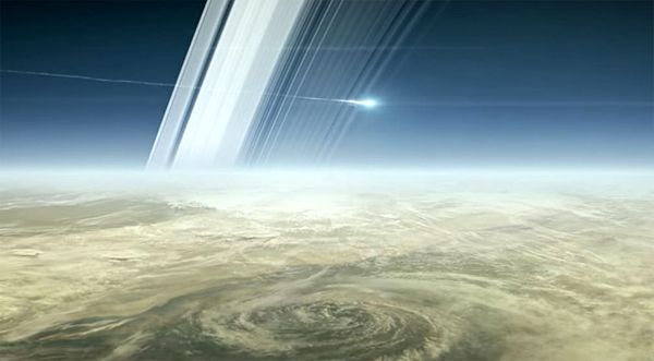 An artist's concept of NASA's Cassini spacecraft entering Saturn's atmosphere to burn up at the end of its mission...on September 15, 2017.