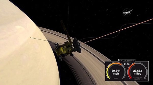 A computer graphic showing the Cassini spacecraft approaching Saturn's atmosphere in real-time...on September 15, 2017.