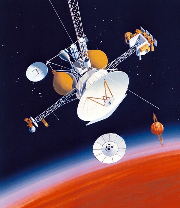 A 1988 art concept of the Mariner Mark II spacecraft...which would later evolve into the Cassini probe.