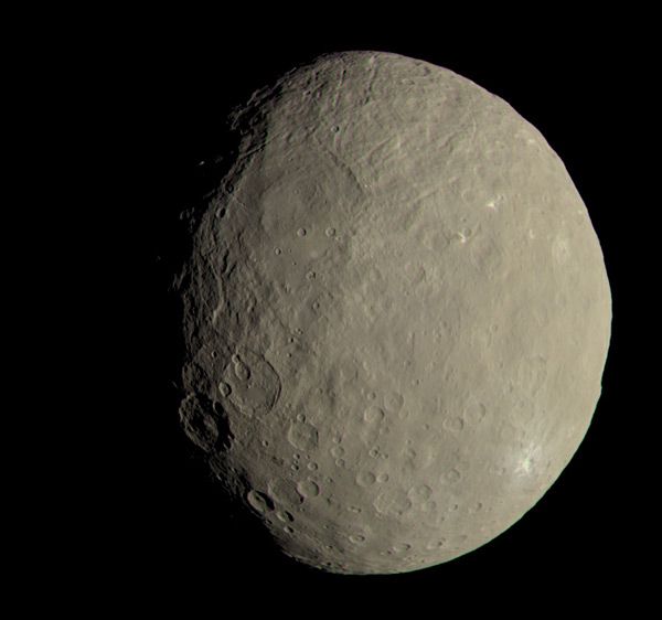 Using data from the Dawn spacecraft's first science orbit in 2015, this image of Ceres approximates how the dwarf planet's colors would appear to the human eye.