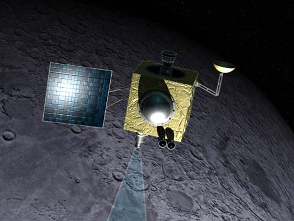 An artist's concept of India's Chandrayaan-1 spacecraft surveying the Moon's surface.