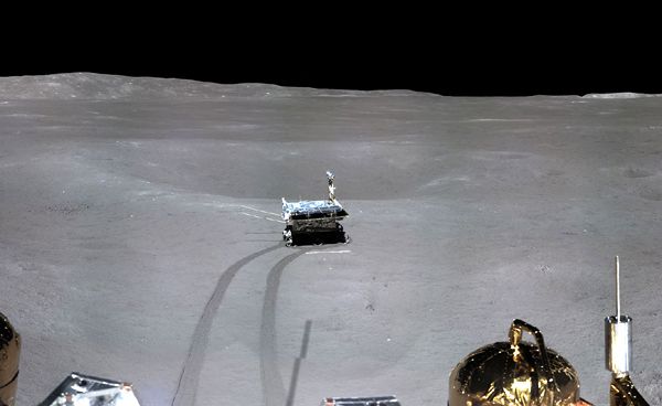 A snapshot of the Yutu-2 rover that was taken by the Chang'e 4 lander on the far side of the Moon.