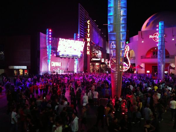 A large crowd gathers for a small concert (I think) outside Universal Cinema at CityWalk in North Hollywood...on September 1, 2018.