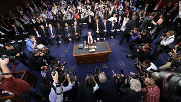 Former FBI Director James Comey speaks to the Senate Intelligence Committee about the nature of his firing due to Mike Flynn and the Trump-Russia scandal...on June 8, 2017.