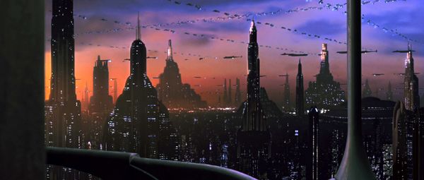 The STAR WARS world of Coruscant...with rows of speeder traffic filling the skies above the planet-wide city.