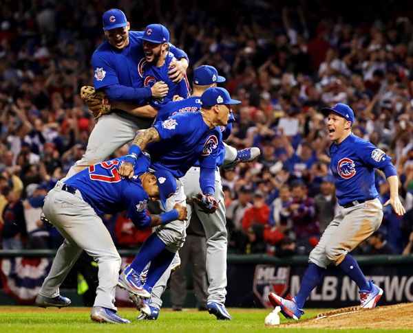 Chicago Cubs players celebrate after they win their first World Series title in 108 years...on November 2, 2016 (Pacific Time).