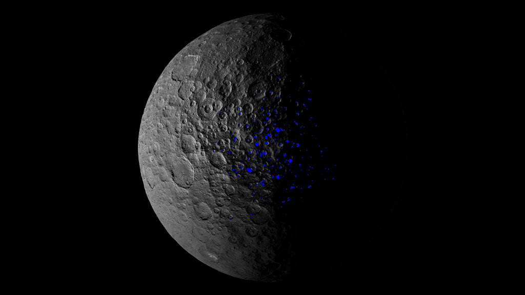 An animated GIF showing the location of ice deposits on the surface of dwarf planet Ceres...as seen by NASA's Dawn spacecraft.